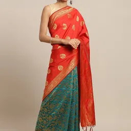 Sangria Red & Green Ethnic Motifs Woven Design Zari Kanjeevaram Saree-picture-15