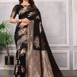 vj fashion Ethnic Motifs Zari Linen Blend Banarasi Saree image 1