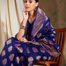 Sangria Navy Blue Ethnic Motifs Woven Design Zari Banarasi Saree-picture-8