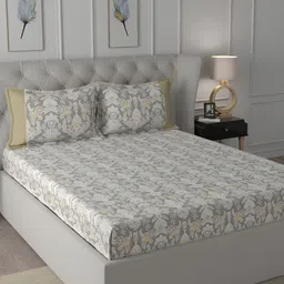 MASPAR Beige & Grey Floral Printed 144TC Cotton Single Bedsheet With Pillow Cover image 1