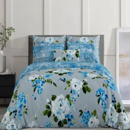 Salona Bichona Blue & White Floral Pure Cotton 120 TC King Bedsheet with 2 Pillow Covers image 2