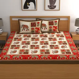 LA VERNE Red & Beige Ethnic Motifs 104 TC Cotton 1 Queen Bedsheet with 2 Pillow Covers image 2