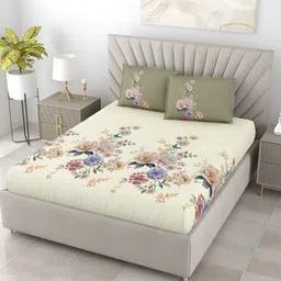 Salona Bichona Beige & Purple Floral 300 TC Floral Printed King Bedsheet Set image 3
