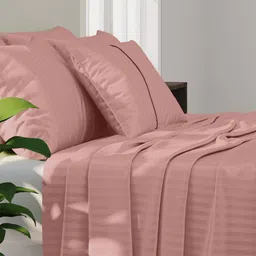 LABHAM Peach Striped Cotton 210 TC King Bedsheet with 2 Pillow Covers image 2