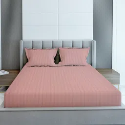 LABHAM Peach Striped Cotton 210 TC King Bedsheet with 2 Pillow Covers image 1