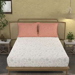 MYTRIDENT Peach-Coloured & White Floral Cotton 144 TC King Bedsheet With 2 Pillow Covers image 1