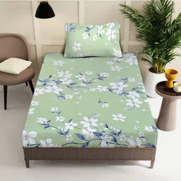 KLOTTHE Green & White Floral Printed 400 TC Pure Cotton Single Bedsheet & Pillow Cover image 2