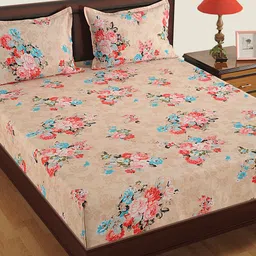 SWAYAM Beige & Red Floral Flat 180 TC Cotton 1 King Bedsheet with 2 Pillow Covers image 2