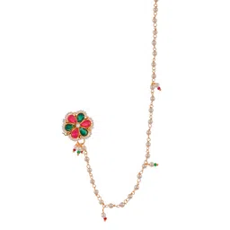 Silvermerc Designs Gold-Toned Pink & Green Stone-Studded & Pearls Beaded Nose Ring image 2