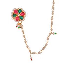 Silvermerc Designs Gold-Toned Pink & Green Stone-Studded & Pearls Beaded Nose Ring image 3