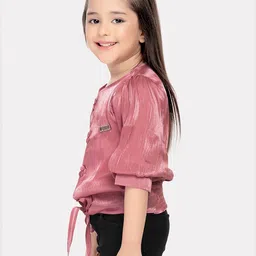 Tiny Kingdom Girls Self Design Puff Sleeves Waist Tie-Ups Shirt Style Top image 3