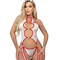 chicklick Hotline Nurse Fantasy Cut-Out Bodysuit Lingerie|Large Black and Red image 1