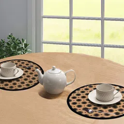 Saral Home Set Of 2 Black & Beige Printed Cotton Round Anti-Skid Table Placemats image 1