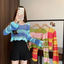 icw Women's Korean Style Knitted Sheer Crochet Long Sleeve Hollow Out Colour Block Print Crop Top T-Shirt Sweater (One Size Fit XS-S-M Bust 32-36 Inch) 29 image 4
