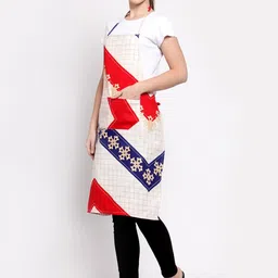 Arrabi Woman Beige Geometric Cotton Blend Apron with 2 Patch Pockets image 5