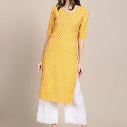 7threads KALINI Women Pack of 2 Yellow & Pink Ethnic Motifs Printed Crepe Kurta image 3