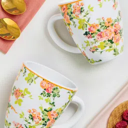 Larah by BOROSIL Premia Series Amora White 2 Pcs Floral Printed Opalware Mugs 390ml Each image 1
