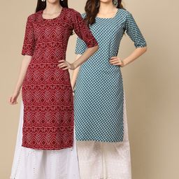 7threads KALINI Women Pack of 2 Maroon and Blue Geometric Print Crepe Kurta-picture-8