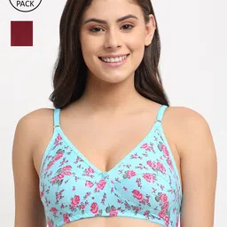 Friskers Pack of 2 Maroon & Turquoise Blue Floral Cotton Balconette Bras-picture-16