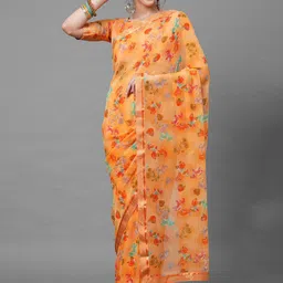 Mitera Orange & Red Floral Zari Saree image 1