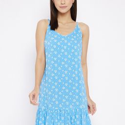Hypernation Women Blue & White Floral Printed Rayon Flared Mini Night Dress-picture-2
