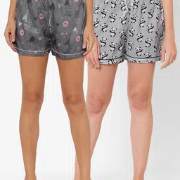 FashionRack Women Pack of 2 Grey & Black Printed Cotton Lounge Shorts-picture-32