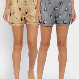 FashionRack Women Pack of 2 Grey  & Brown Printed Lounge Shorts-picture-34