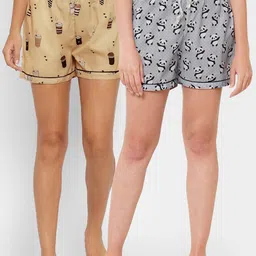 FashionRack Women Pack Of 2 Grey & Brown Printed Lounge Shorts-picture-32