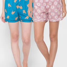 FashionRack Women Pack Of 2 Pink & Blue Printed Lounge Shorts-picture-28