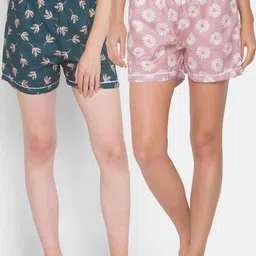 FashionRack Women Pack of 2 Pink & Teal 2 Printed Cotton Lounge Shorts-picture-27