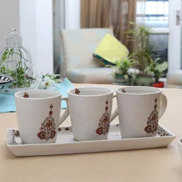 MIAH Decor Set Of 4 Cream-Coloured & Brown Hand Painted Stoneware Matte Mugs & Platter-picture-24