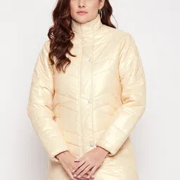 Spirit Women Cream Solid Windcheater Stand Collar Long Sleeves Longline Puffer Jacket-image-70