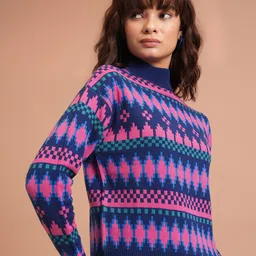 Tokyo Talkies Navy Blue Geometric Printed Turtle Neck Acrylic Pullover Sweater image 2