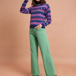 Tokyo Talkies Navy Blue Geometric Printed Turtle Neck Acrylic Pullover Sweater image 5