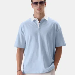 The Souled Store Blue Polo Collar Drop Shoulder Sleeves Pure Cotton T-shirt image 1