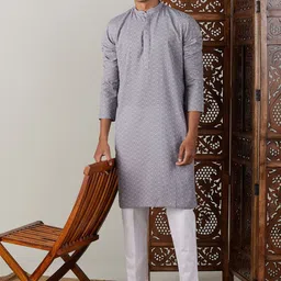 VASTRAMAY Ethnic Motifs Printed Band Collar Pure Cotton Sustainable Kurta with Pyjamas image 1