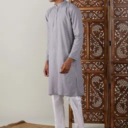 VASTRAMAY Ethnic Motifs Printed Band Collar Pure Cotton Sustainable Kurta with Pyjamas image 4