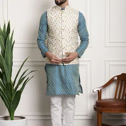 SOJANYA Striped Woven Design Mandarin Collar Kurta With Pyjamas & Nehru Jacket image 1