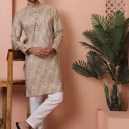 Anouk Beige Floral Printed Band Collar Straight Kurta with Pyjamas-picture-22