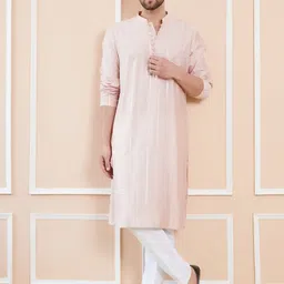 See Designs Striped Embroidered Thread Work Chanderi Silk Straight Kurta With Pyjamas image 1