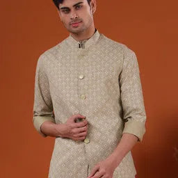 SHIWAM ETHNIX Geometric Printed Mandarin Collar Straight Kurta with Pyjamas With Jacket-image-28