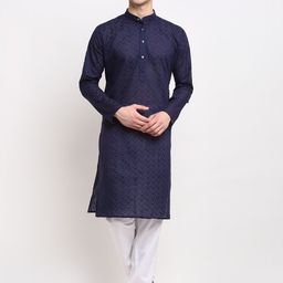 Jompers Men Navy Blue Embroidered Regular Pure Cotton Kurta with Churidar-picture-39