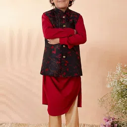 Manyavar Boys Maroon Solid Angrakha Kurta with Pyjamas-image-3