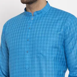 KRAFT INDIA Men Blue & White Checked Printed Cotton Blend Kurta With Pyjamas image 4
