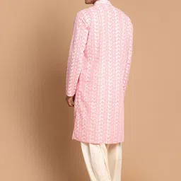 VASTRAMAY Men Pink Embroidered Chikankari Pure Cotton Kurta with Patiala image 3