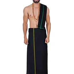ragini Men's Cotton Traditonal Black Sabrimala Temple Dhoti with Towel (Free Size | Black lungi and Black towel combo | Iyyapan Sami lungi) image 1