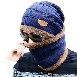 fashion by ls Navy Blue Woolen Cap and Neck Warmer Set, Winter Wear for Men and Women image 1