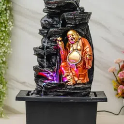CHRONIKLE Golden Brown Polyresin Tabletop Laughing Buddha 6 Step Indoor Water Fountain for Home Decor with LED, Speed Control Pump (Size: 37 x 28 x 57 CM | Weight: 3260Gram) image 1