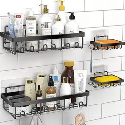 SaleOn Set of 4 Bathroom Shelf | 2 Shower Caddy & 2 Soap Holder | Wall Mounted Bathroom Rack with Hooks | Self Adhesive Mild Steel Shampoo Organizer | Black Bathroom Accessories Shelf image 1