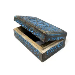 essencio shop Wooden Tarot Box in Antique finish with Pentacle and rustic blue color, for tarot, crystals, jewellery and altar 5x8 inches image 2